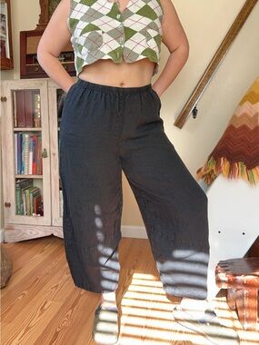 Cut Loose Linen Black Wide Barrel Leg Pants Baggy Elastic Waist Size Small